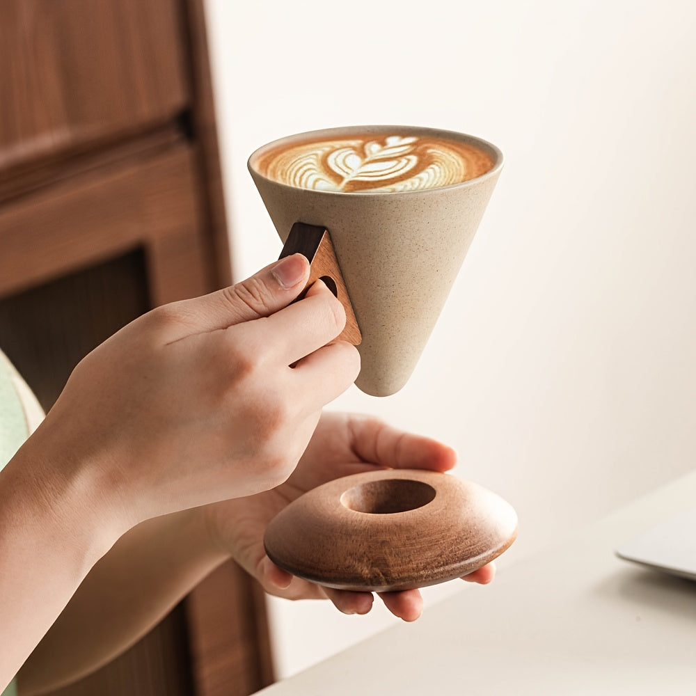 2-teiliges Keramik-Kaffeetassen-Set mit Holzgriff