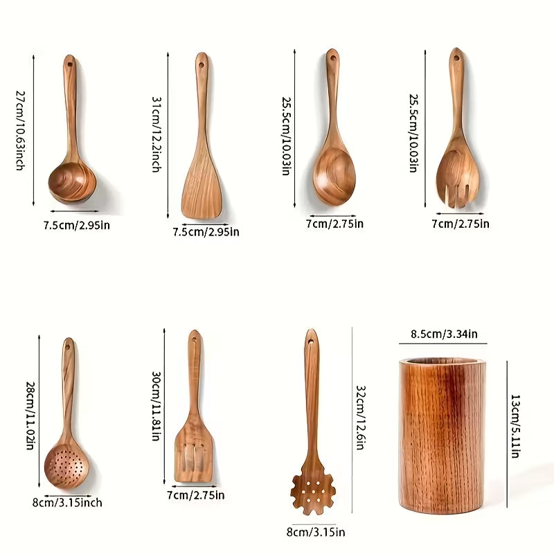 7-teiliges Küchenutensilienset aus Holz mit Halterung